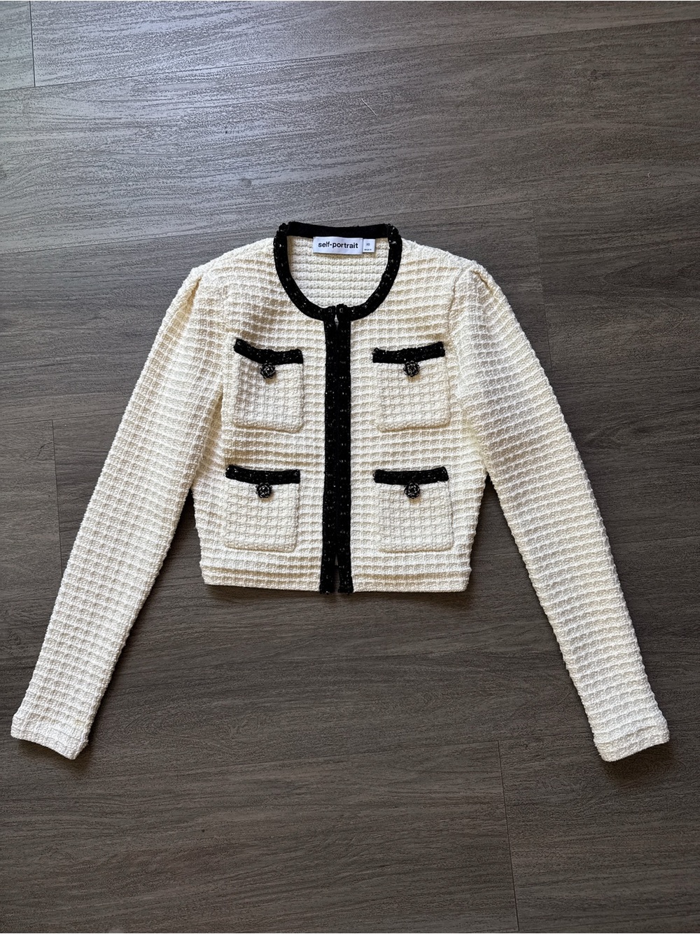 Self-Portrait Cream Cropped Tweed Jacket with Black Trim